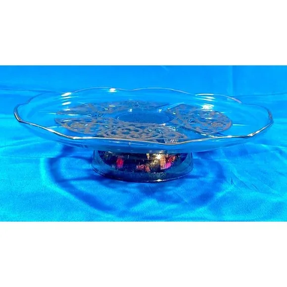 Georges Briard Signed Gold Scroll Encrusted Glass Pedestal Cake Plate Stand - Picture 3 of 7